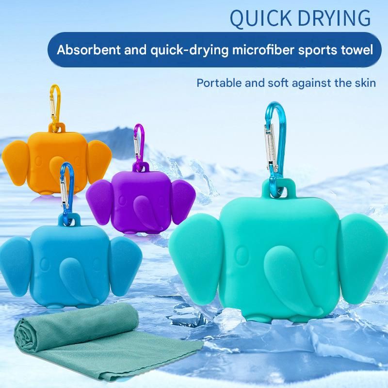 Green Portable Quick Dry Towel with Elephant Storage Box - Microfiber Cooling view 2