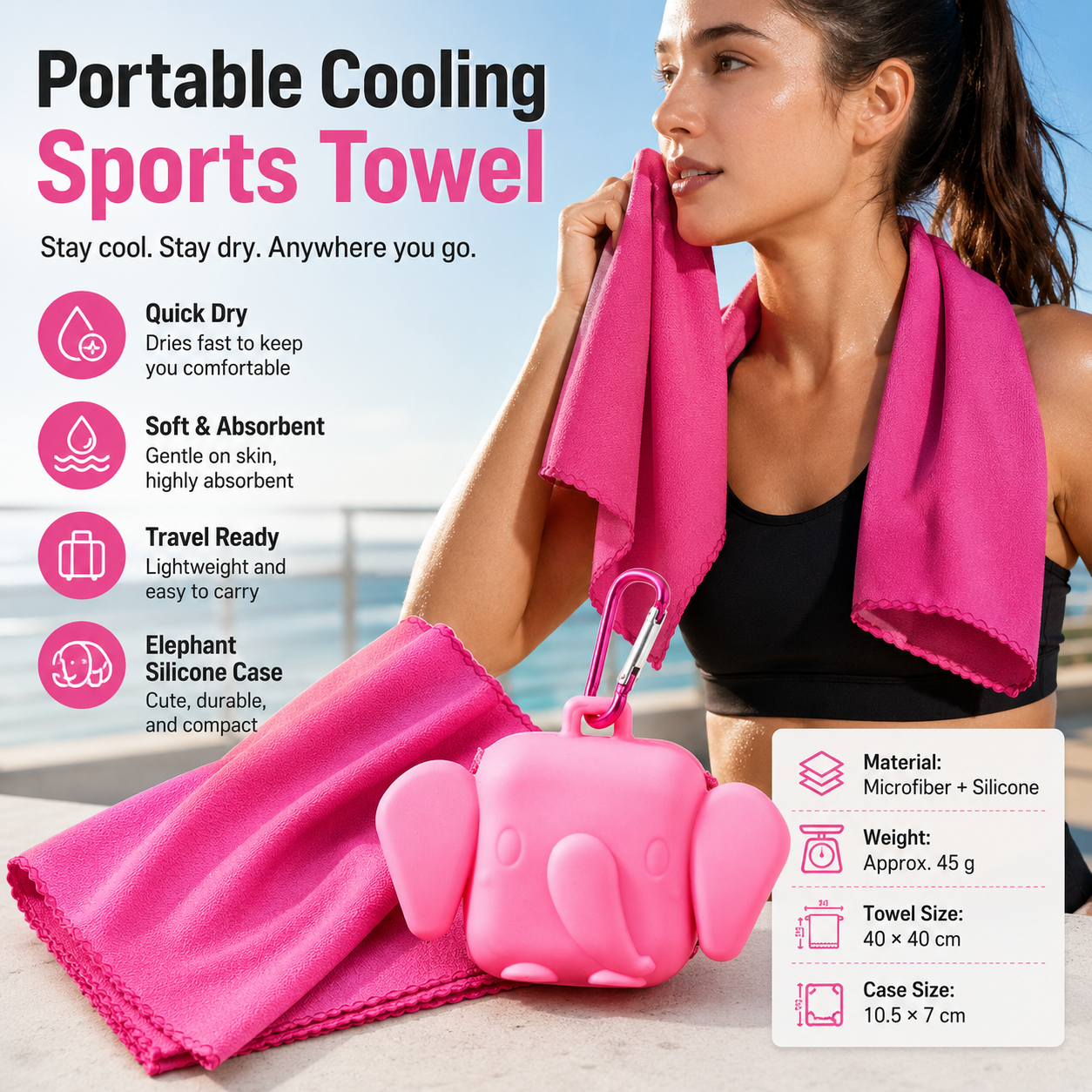 Red Portable Quick Dry Towel with Elephant Storage Box - Microfiber Cooling