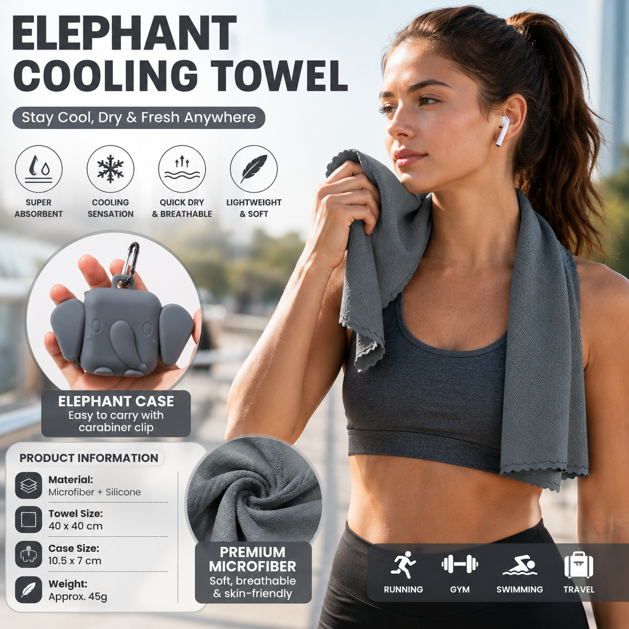 Grey Portable Quick Dry Towel with Elephant Storage Box - Microfiber Cooling