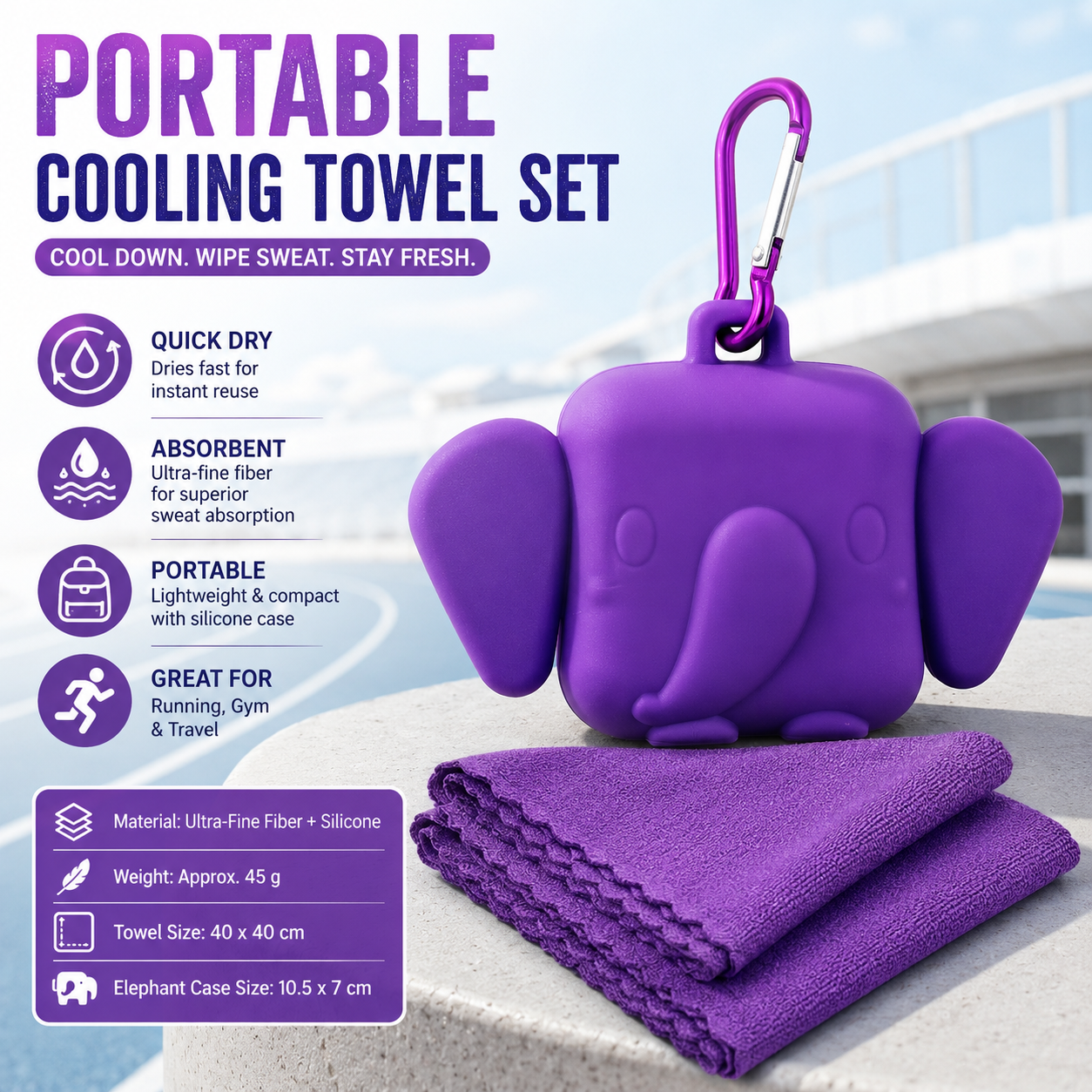 Purple Portable Quick Dry Towel with Elephant Storage Box - Microfiber Cooling