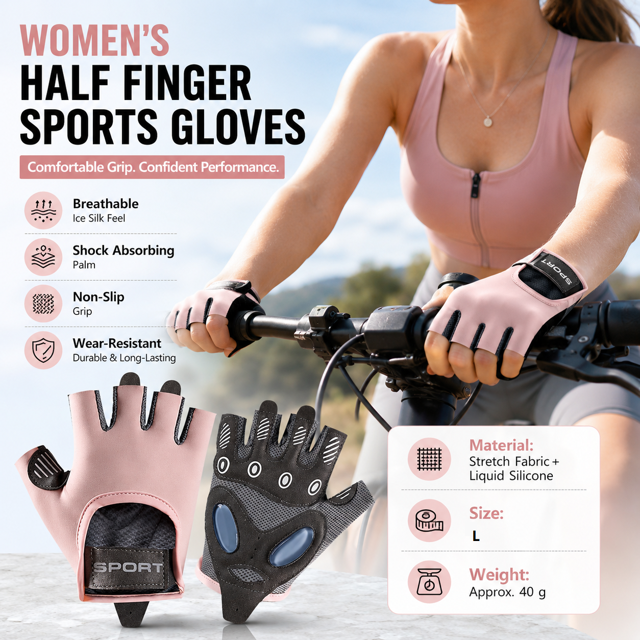 Pink L size Women's Half-Finger Fitness Gloves - Liquid Silicone Shock Absorption