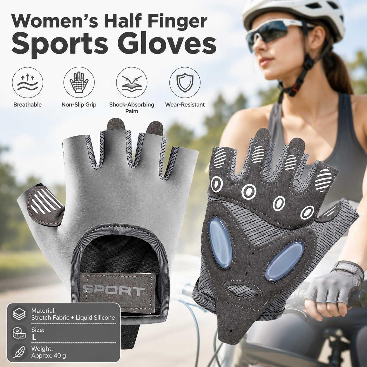 Grey L size Women's Half-Finger Fitness Gloves - Liquid Silicone Shock Absorption