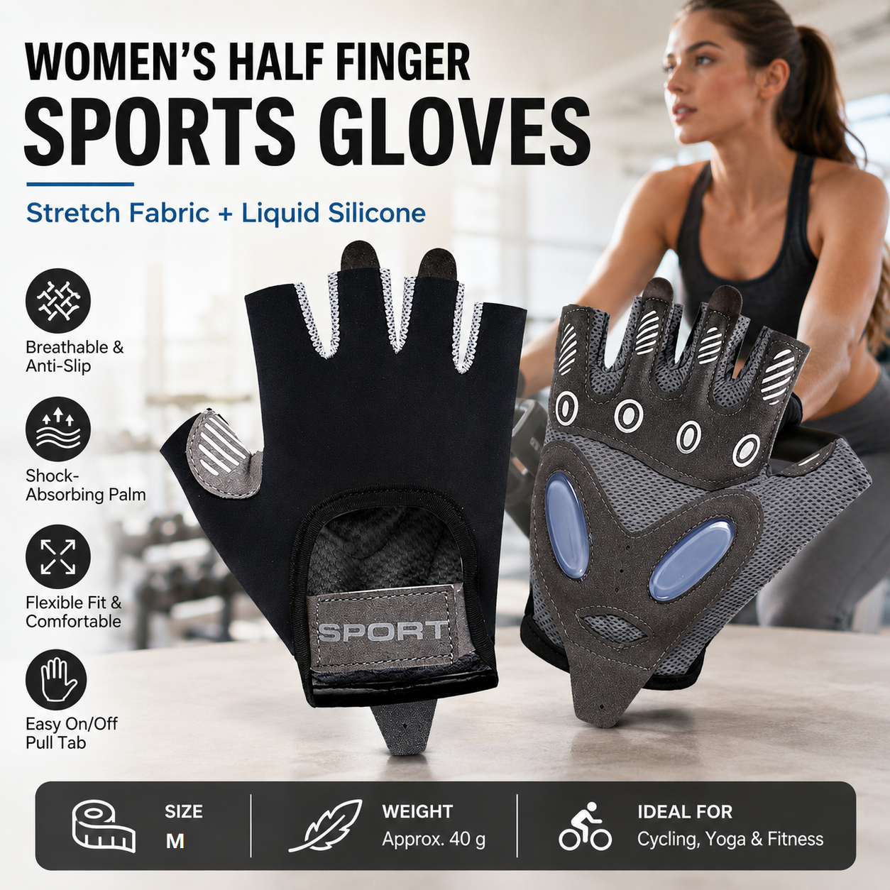 Black M size Women's Half-Finger Fitness Gloves - Liquid Silicone Shock Absorption