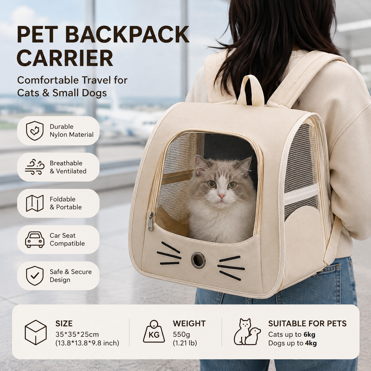 White Breathable Pet Carrier Backpack - Nylon Cat Travel Bag with Large Clear