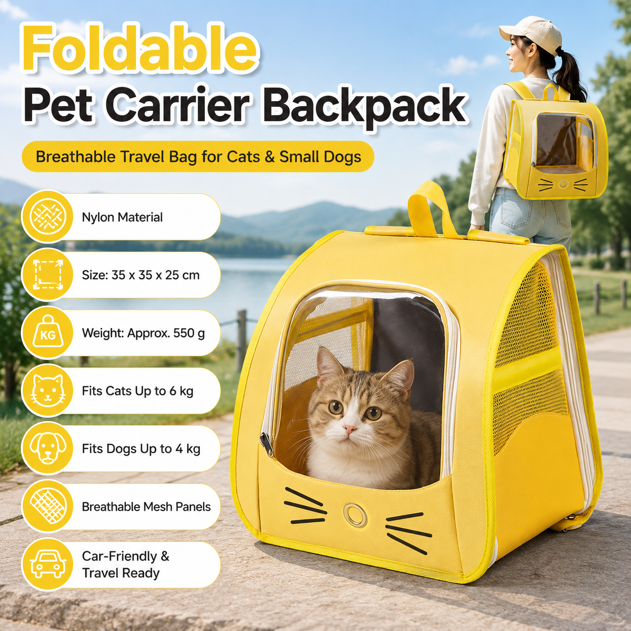 Yellow Breathable Pet Carrier Backpack - Nylon Cat Travel Bag with Large Clear