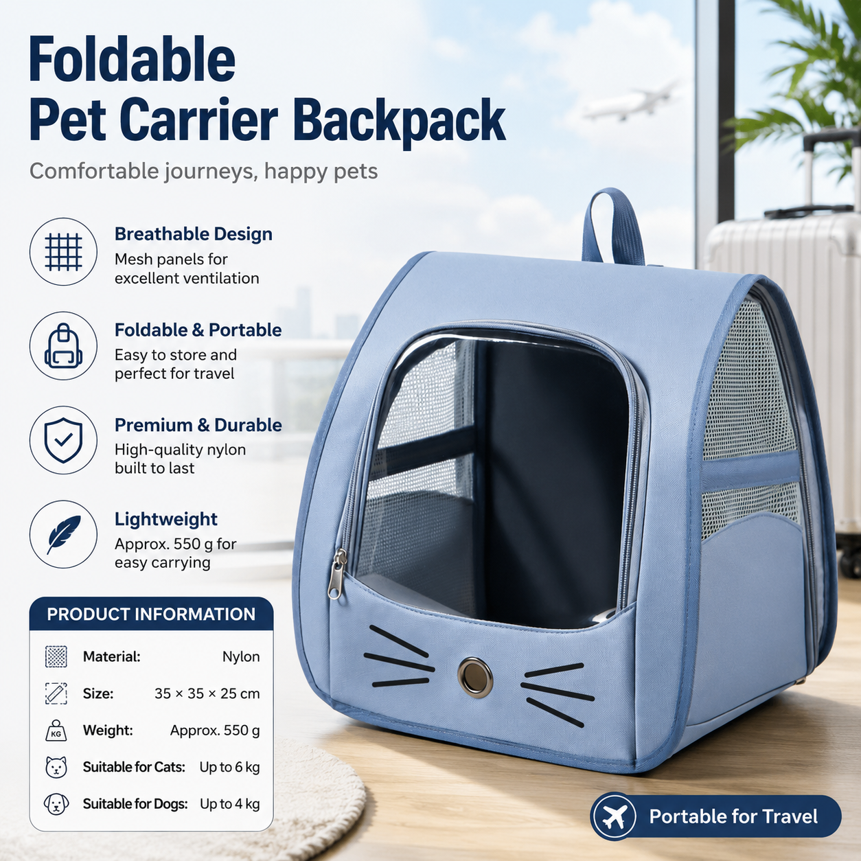 Blue Breathable Pet Carrier Backpack - Nylon Cat Travel Bag with Large Clear