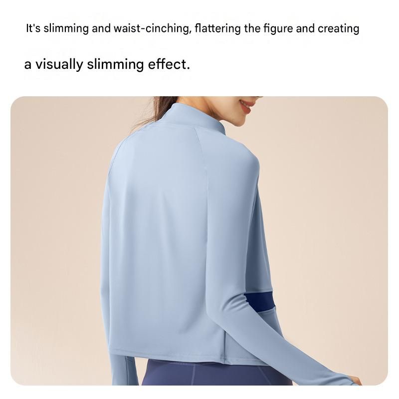 M size Women's 2-Piece Running Yoga Set - Blue Colorblock Zip Jacket and Blue view 4