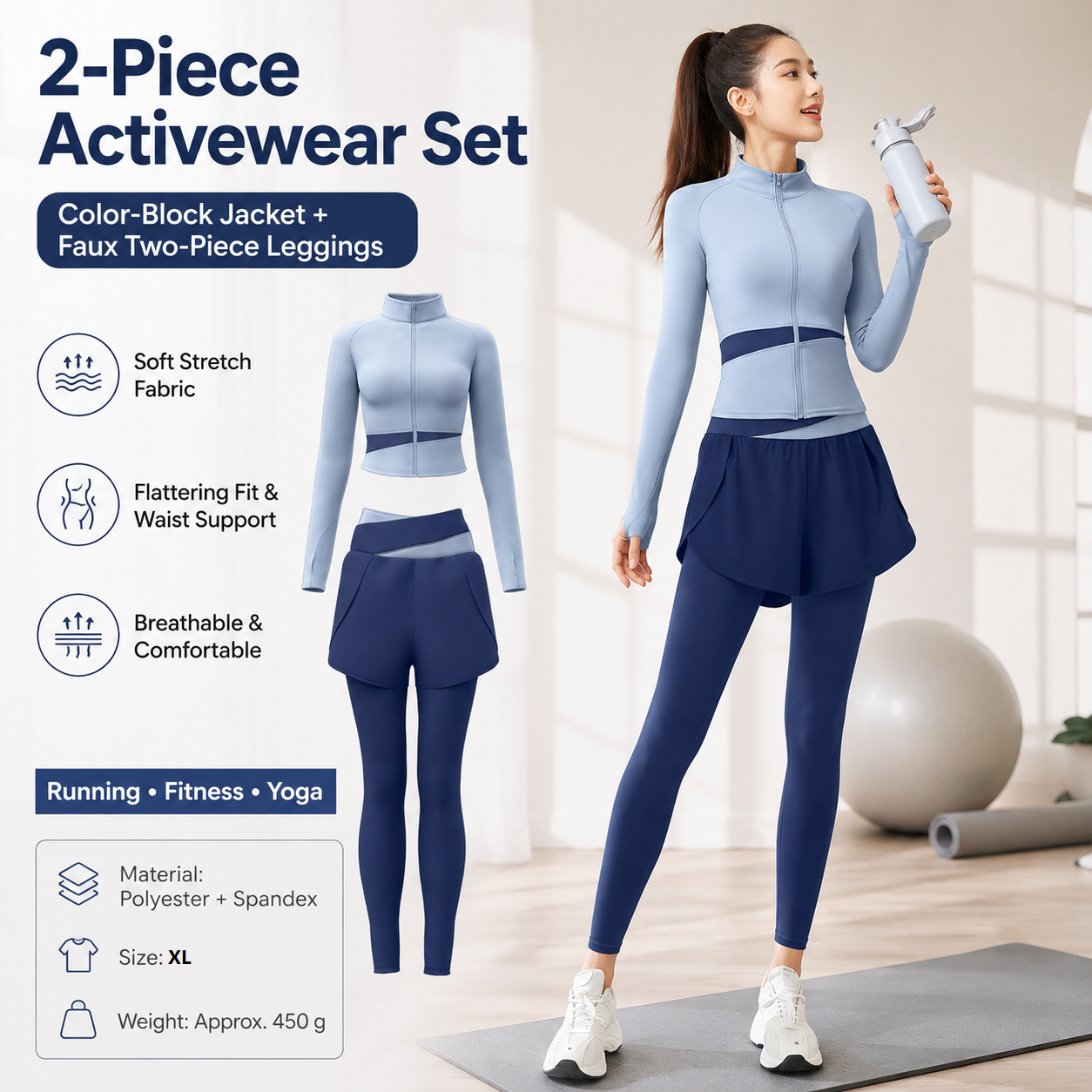 XL size Women's 2-Piece Running Yoga Set - Blue Colorblock Zip Jacket and Blue — image 1