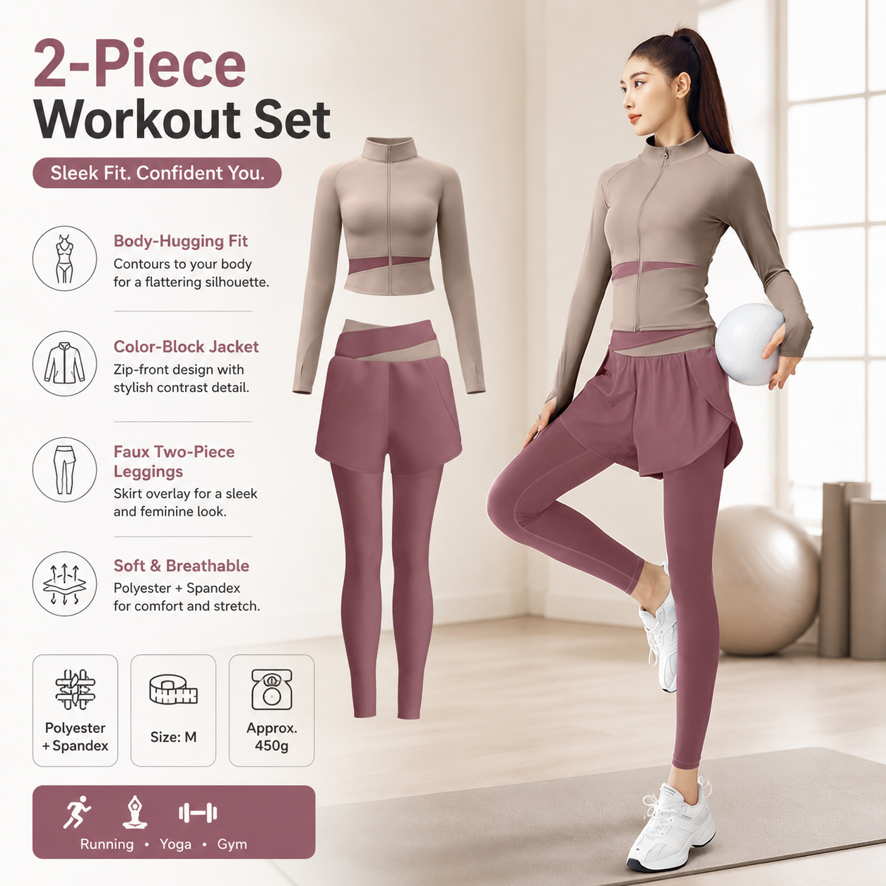 M size Women's 2-Piece Running Yoga Set - Purple Colorblock Zip Jacket and — image 1