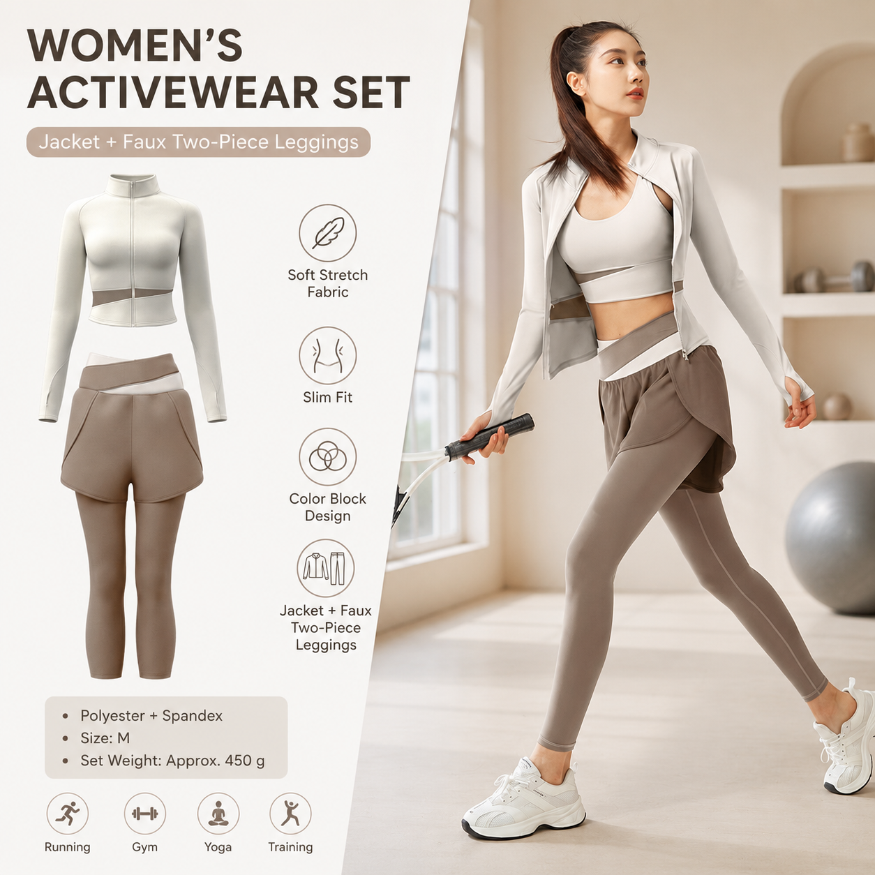 M size Women's 2-Piece Running Yoga Set - White Colorblock Zip Jacket and — image 1