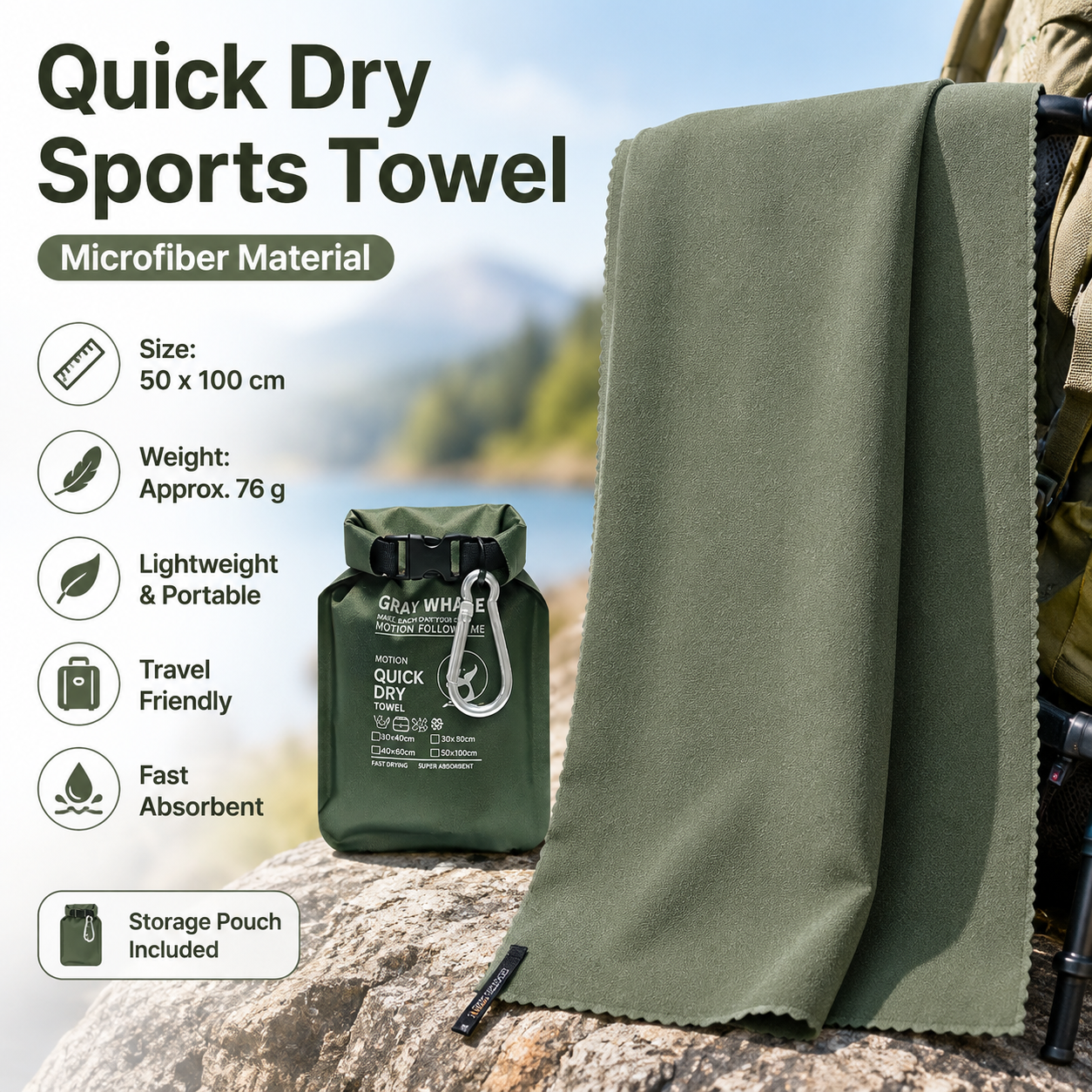 Green 50x100cm Portable Quick Dry Sports Towel - Ultra-Light Microfiber