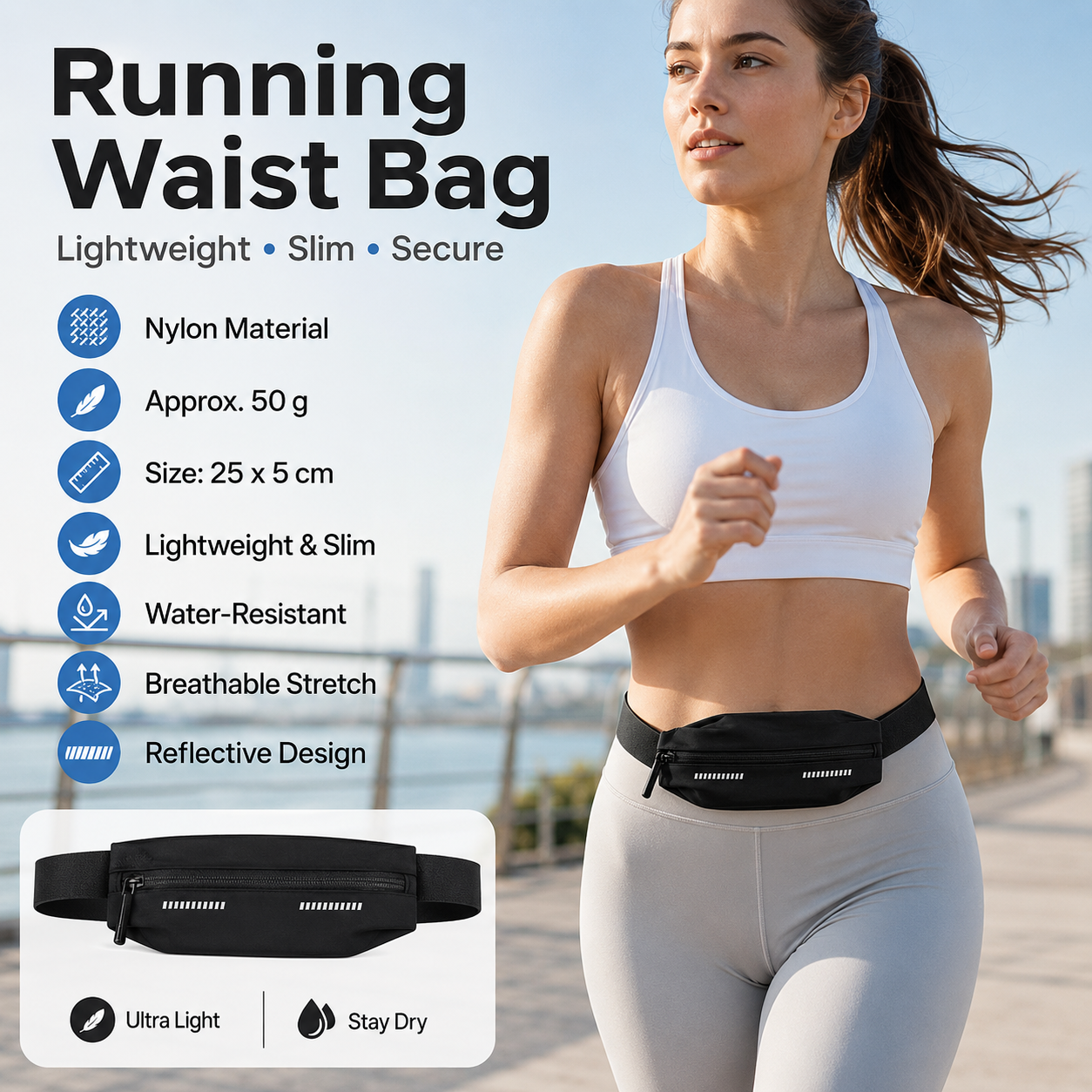 Black Running Waist Belt - High Stretch Nylon Sports Fanny Pack with