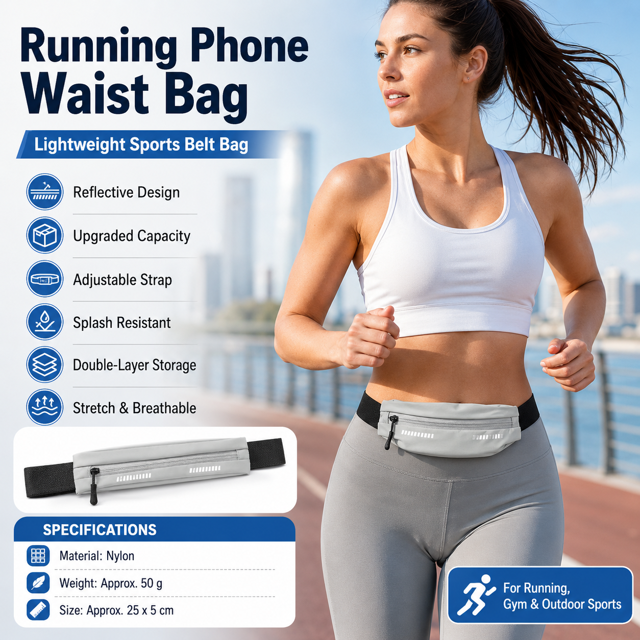 Grey Running Waist Belt - High Stretch Nylon Sports Fanny Pack with Reflective