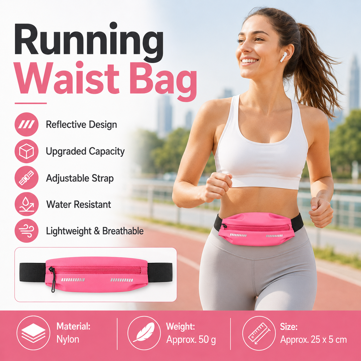 Pink Running Waist Belt - High Stretch Nylon Sports Fanny Pack with Reflective