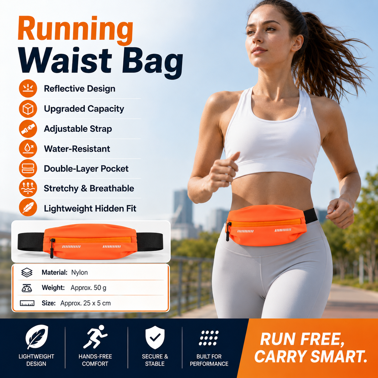 Orange Running Waist Belt - High Stretch Nylon Sports Fanny Pack with