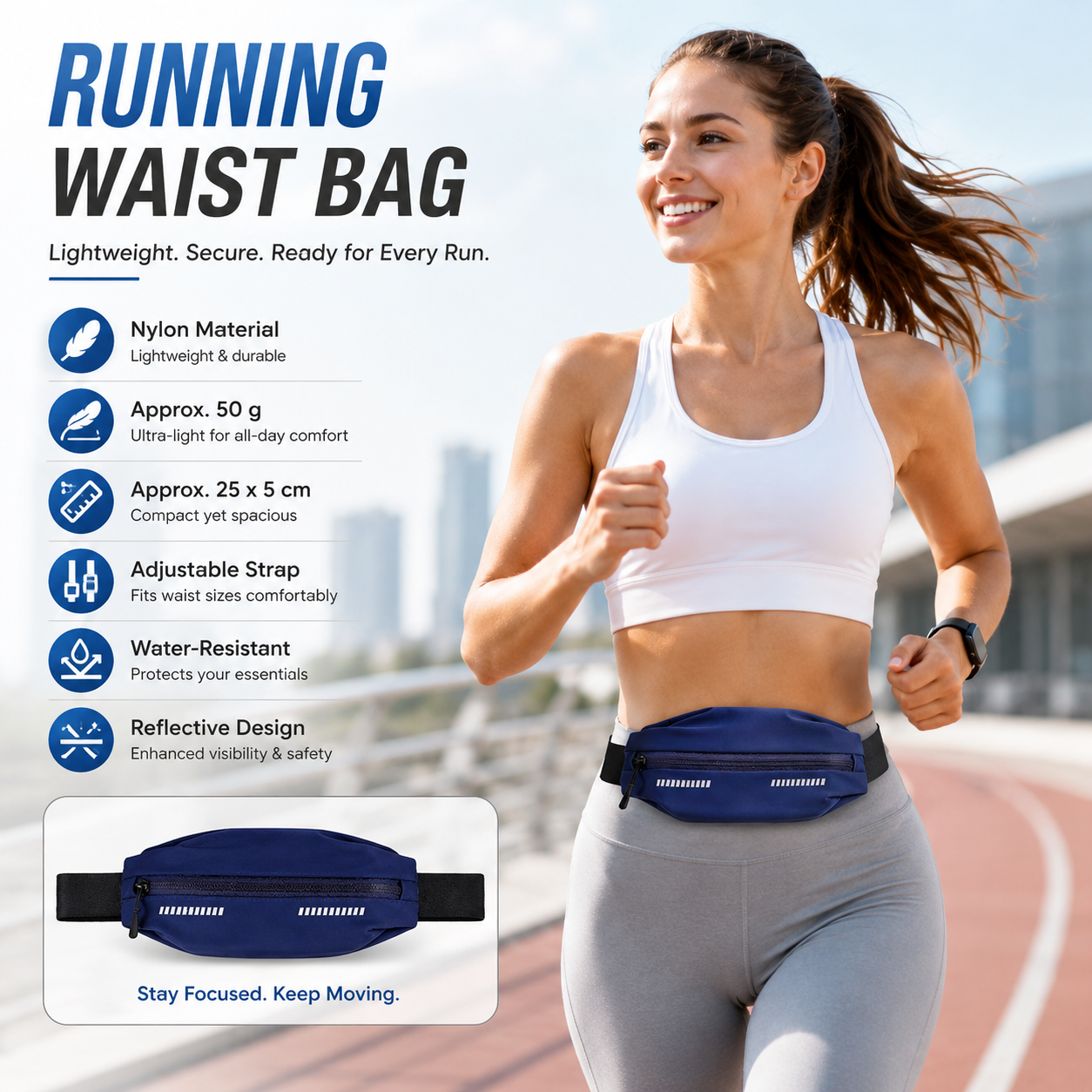 Blue Running Waist Belt - High Stretch Nylon Sports Fanny Pack with Reflective