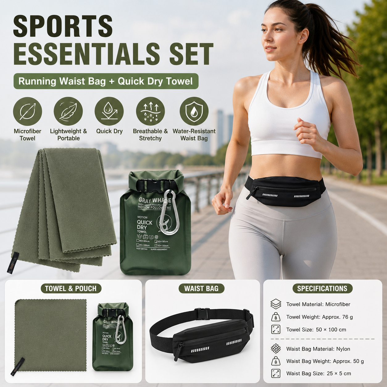 Outdoor Sports Combo Set - Green Microfiber Quick Dry Cooling Towel and Black