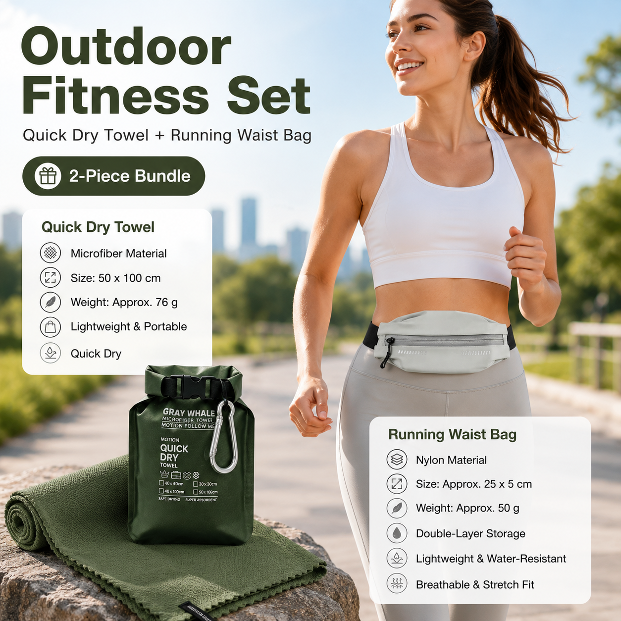 Outdoor Sports Combo Set - Green Microfiber Quick Dry Cooling Towel and Grey
