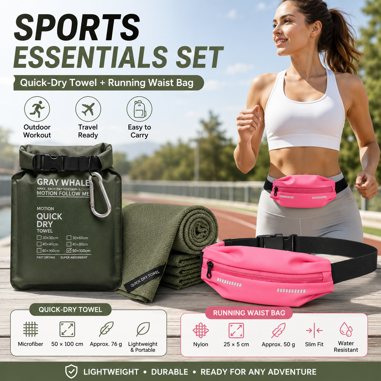Outdoor Sports Combo Set - Green Microfiber Quick Dry Cooling Towel and Pink