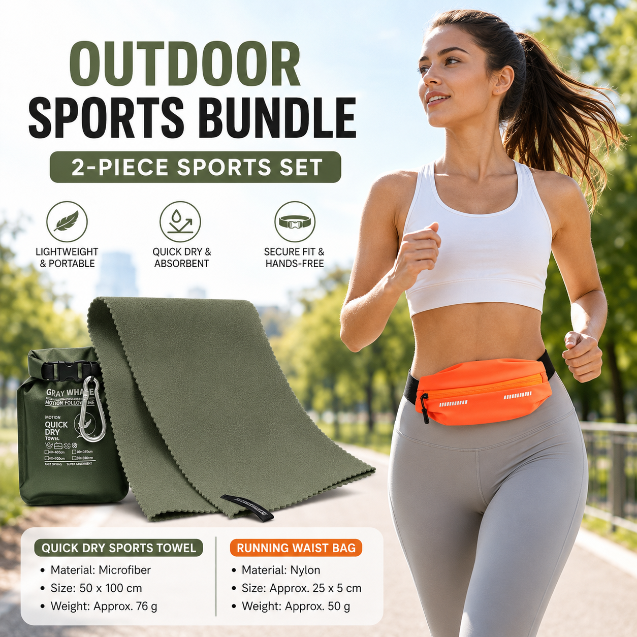 Outdoor Sports Combo Set - Green Microfiber Quick Dry Cooling Towel and Orange