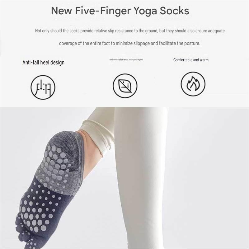 Grey Non-Slip Five Toe Yoga Socks - Cotton Blend with PVC Grip Dots view 7