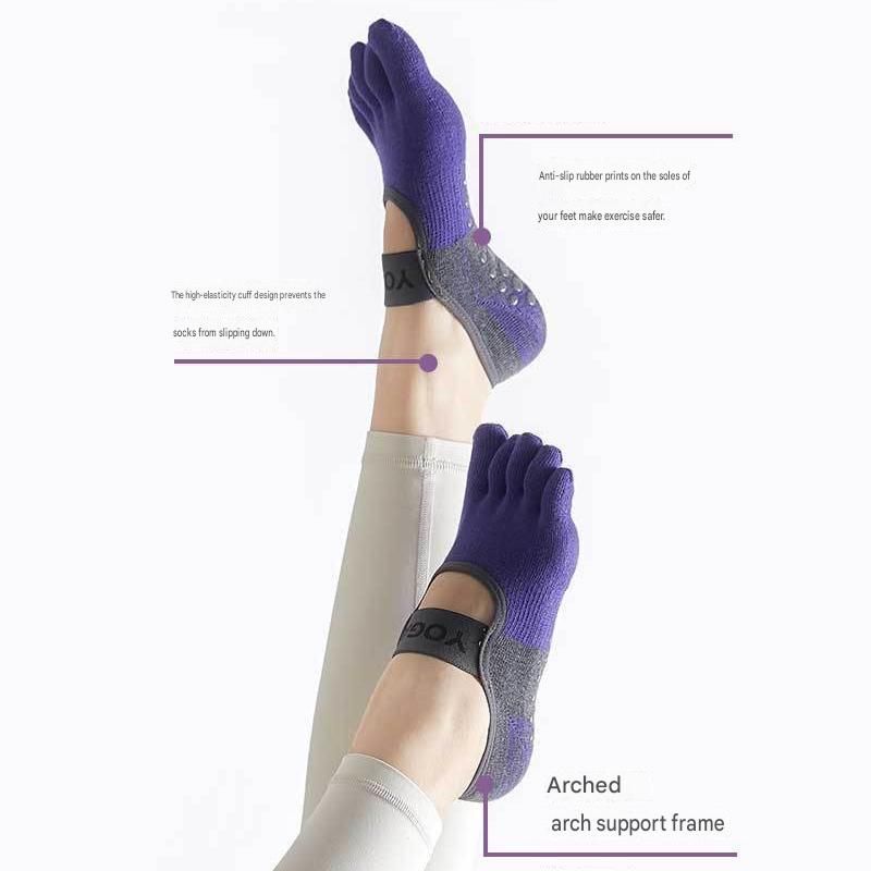 Grey Non-Slip Five Toe Yoga Socks - Cotton Blend with PVC Grip Dots view 8