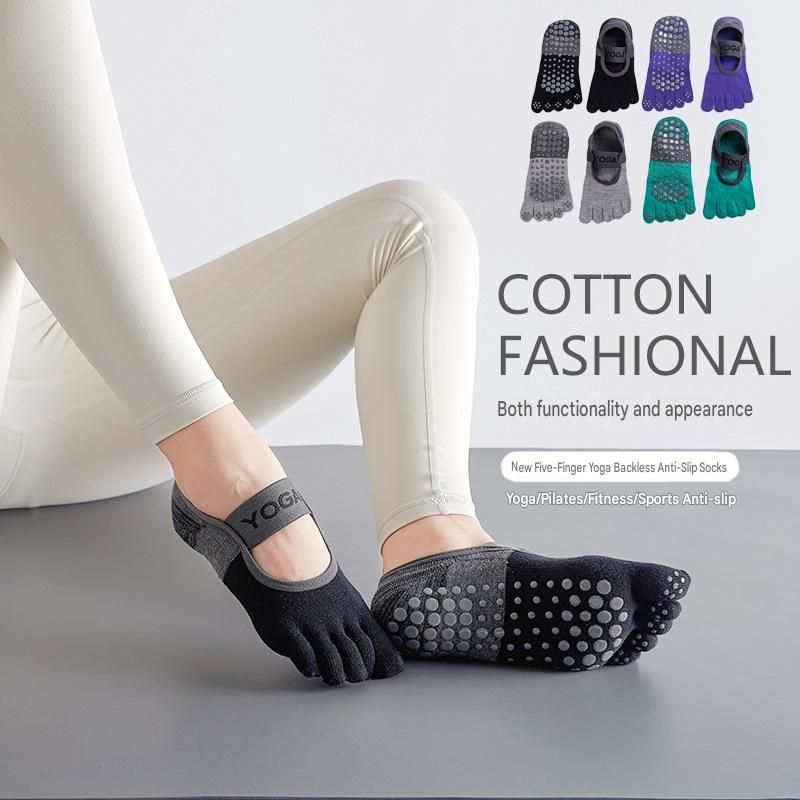 Purple Non-Slip Five Toe Yoga Socks - Cotton Blend with PVC Grip Dots view 2