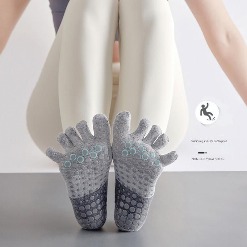 Green Non-Slip Five Toe Yoga Socks - Cotton Blend with PVC Grip Dots view 3
