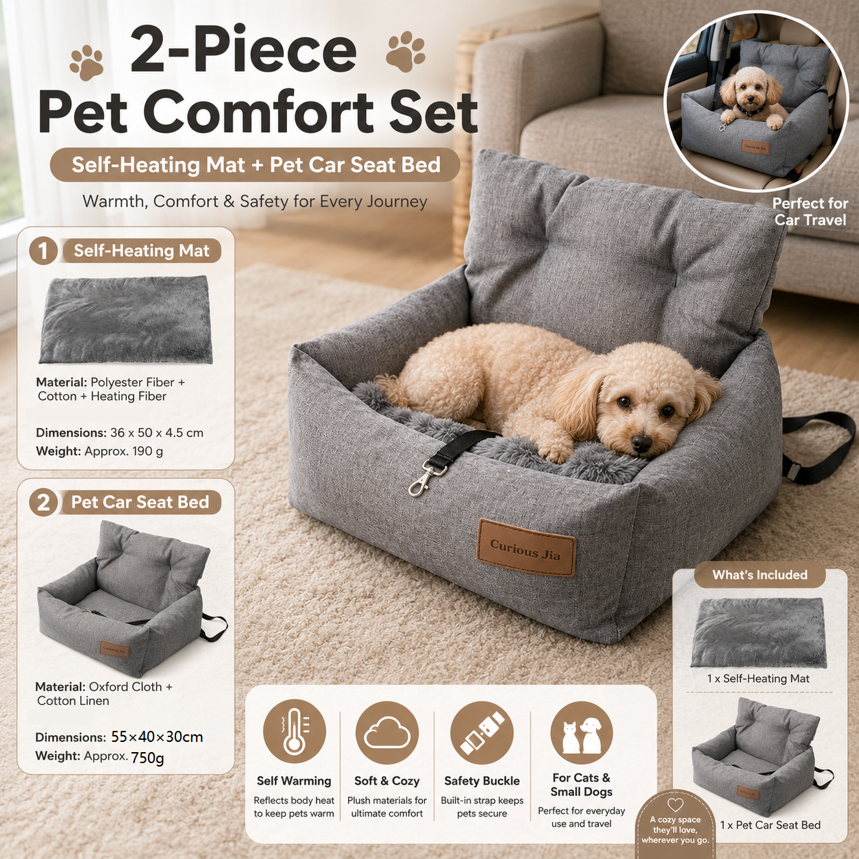 Winter Pet Warmth Bundle - Grey Self Heating Mat 36x50cm & Grey Pet Car