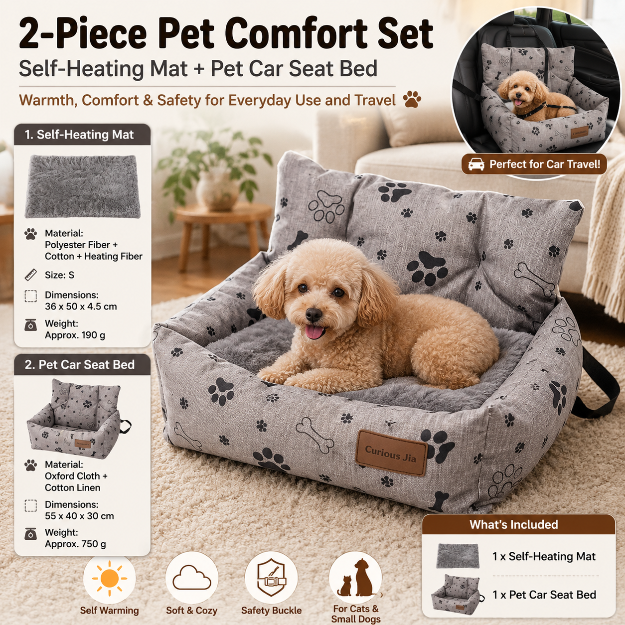 Winter Pet Warmth Bundle - Grey Self Heating Mat 36x50cm & Grey Paw print
