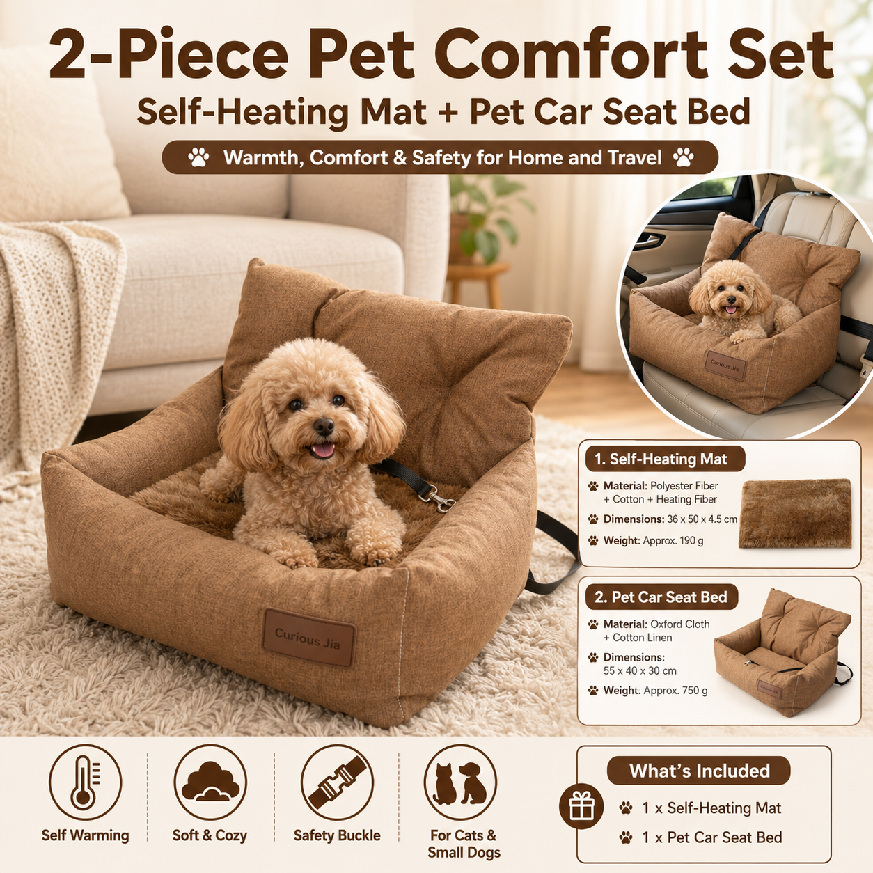Winter Pet Warmth Bundle - Brown Self Heating Mat 36x50cm & Yellow Pet Car