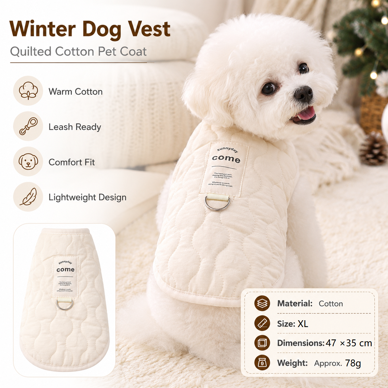 Beige XL Size 47x35cm Fleece-lined thickened dog vest - Cotton Fleece Lined — image 1