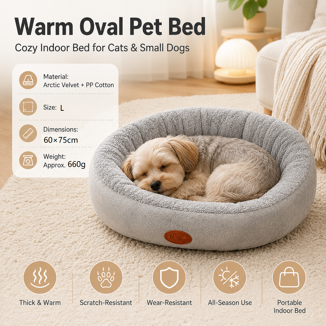 L Size 60x75cm Grey Oval Pet Bed - Arctic Fleece and PP Cotton - Thickened Warmth