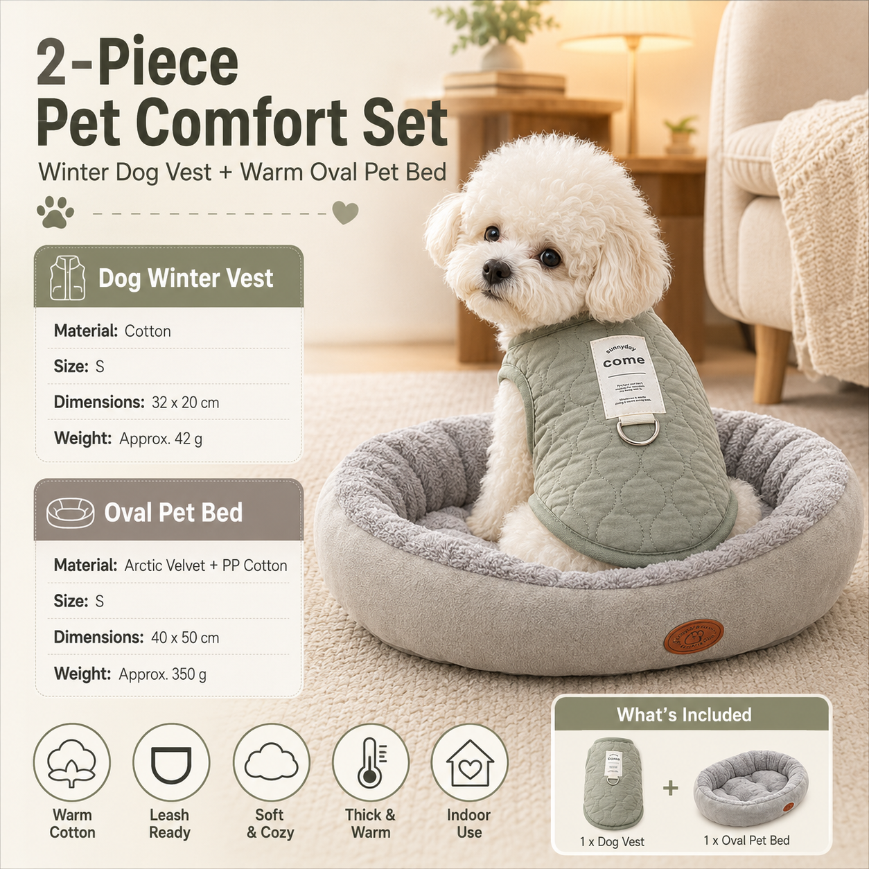 Winter Pet Care Bundle - S Size 32*20cm Green Quilted Dog Vest with Leash Ring