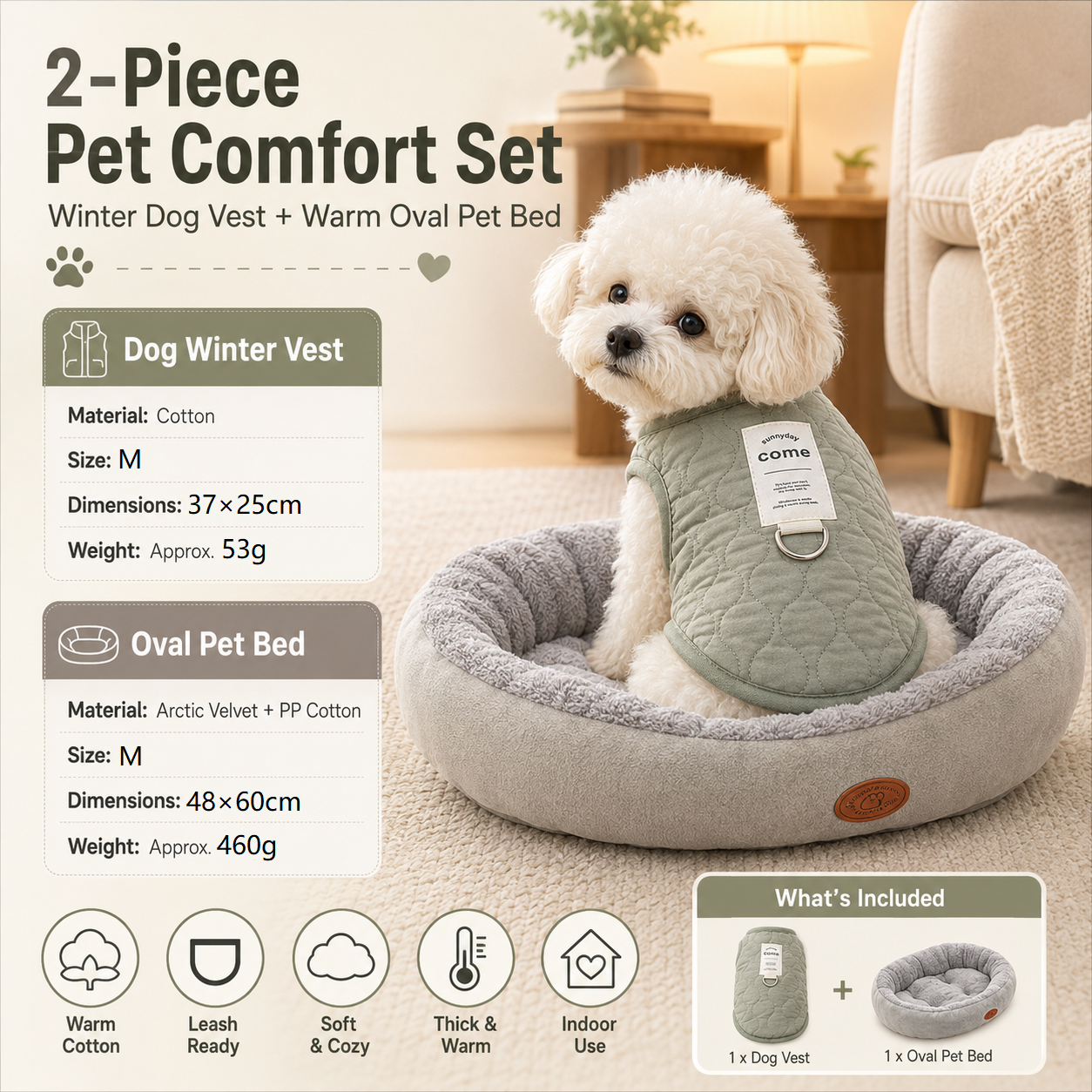Winter Pet Care Bundle - M Size 37*25cm Green Quilted Dog Vest with Leash Ring