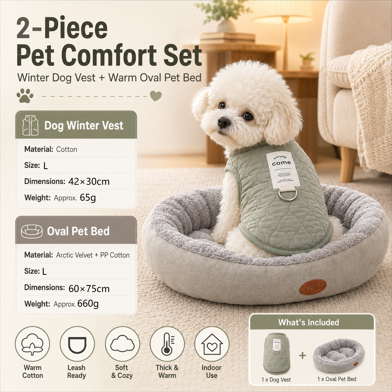 Winter Pet Care Bundle - L Size 42*30cm Green Quilted Dog Vest with Leash Ring