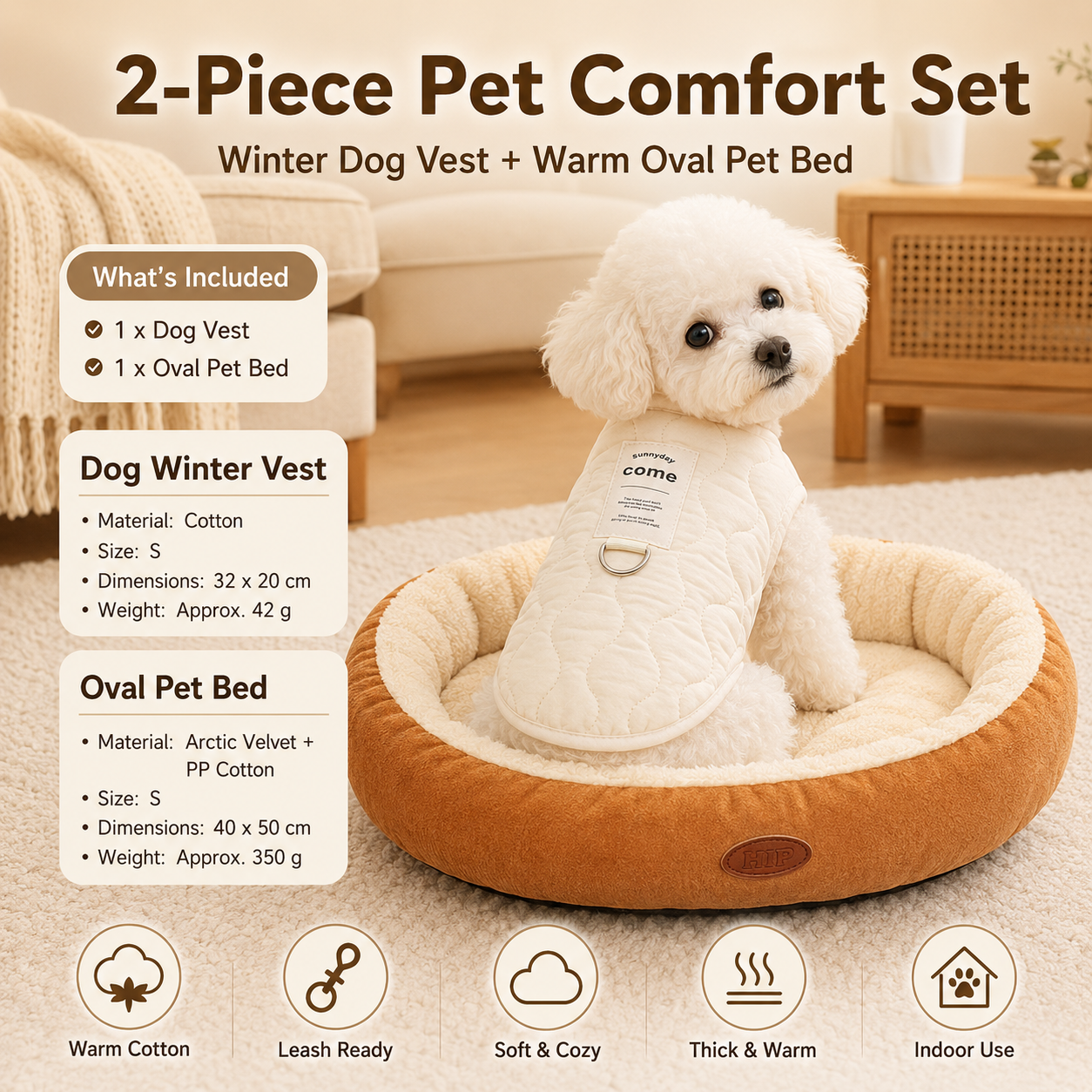 Winter Pet Care Bundle - S Size 32*20cm Beige Quilted Dog Vest with Leash Ring
