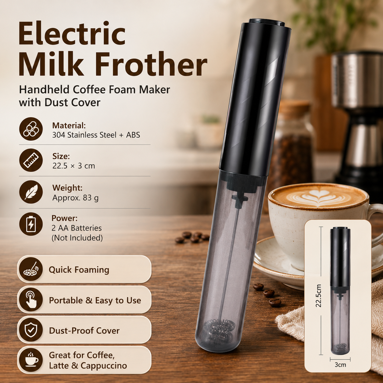 Black Electric Milk Frother Handheld - 304 Stainless Steel and ABS