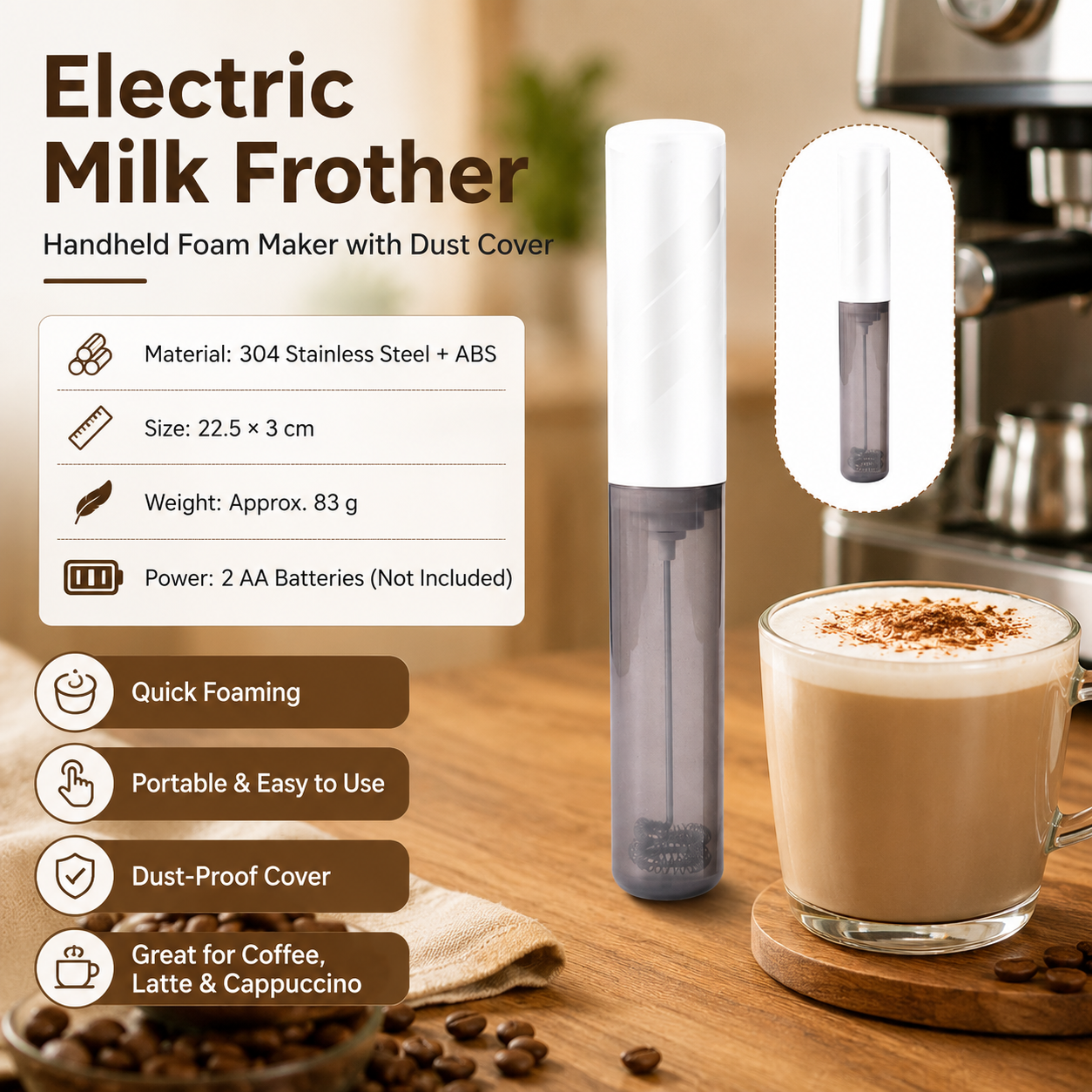 White Electric Milk Frother Handheld - 304 Stainless Steel and ABS