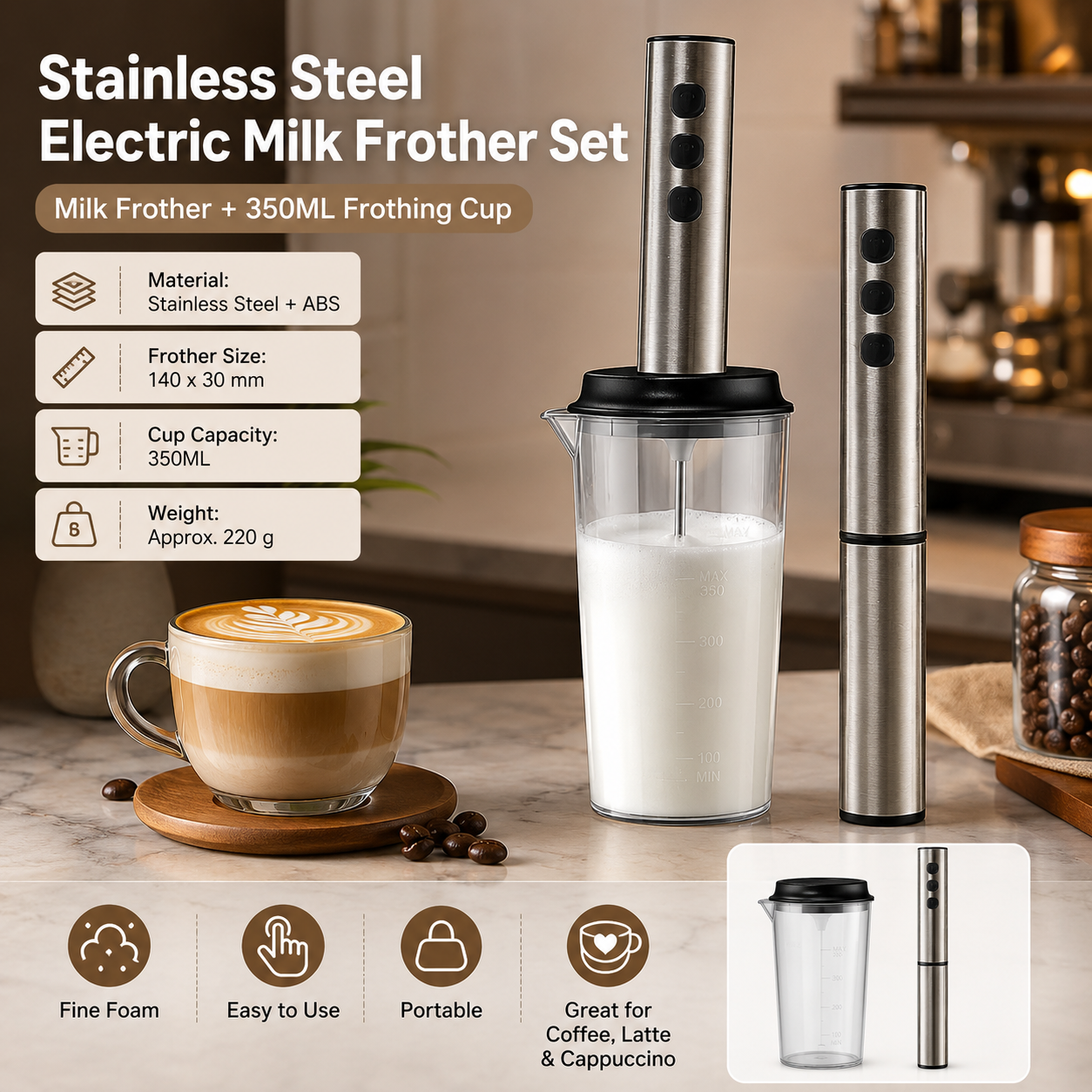 Stainless Steel Electric Milk Frother Set - 3-Speed USB Rechargeable Handheld