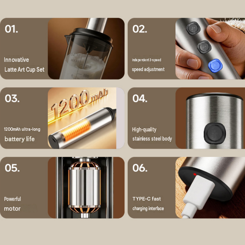 Stainless Steel Electric Milk Frother Set - 3-Speed USB Rechargeable Handheld view 4