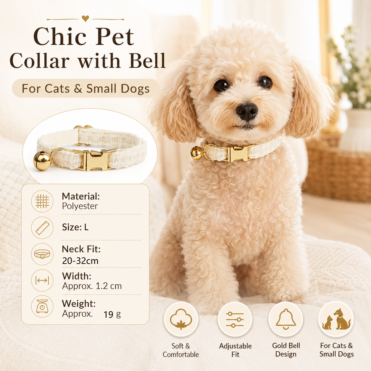 L Size White Chic Tweed Pet Collar - Polyester with Gold Bell and Adjustable view 2