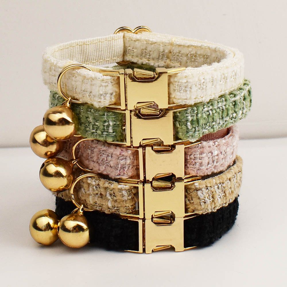L Size White Chic Tweed Pet Collar - Polyester with Gold Bell and Adjustable view 6