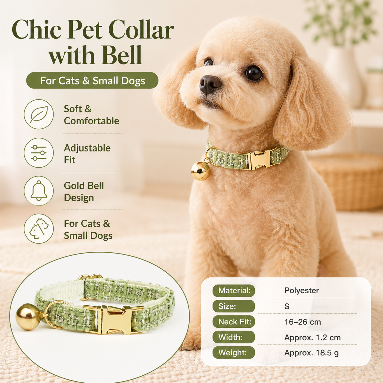 S Size Green Chic Tweed Pet Collar - Polyester with Gold Bell and Adjustable view 2