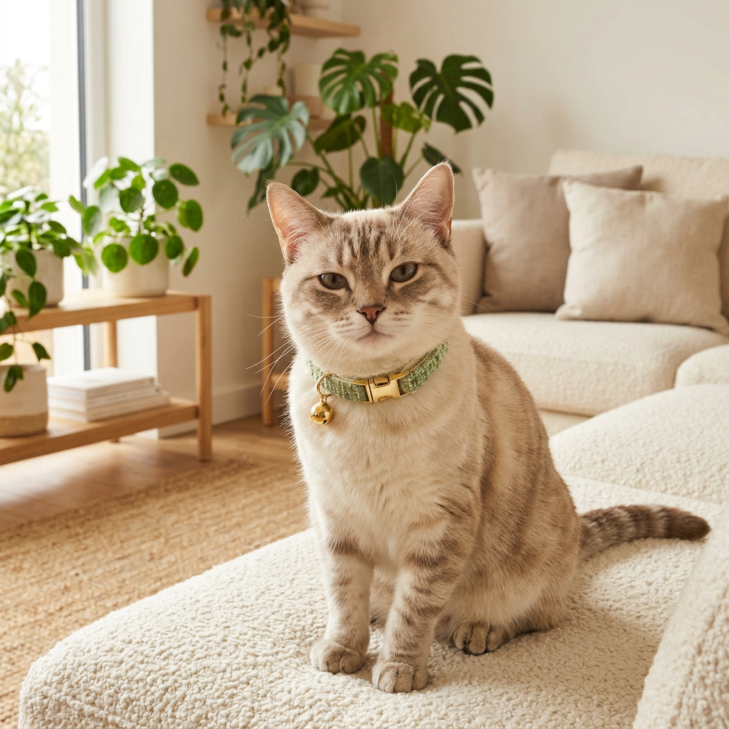 S Size Green Chic Tweed Pet Collar - Polyester with Gold Bell and Adjustable view 3