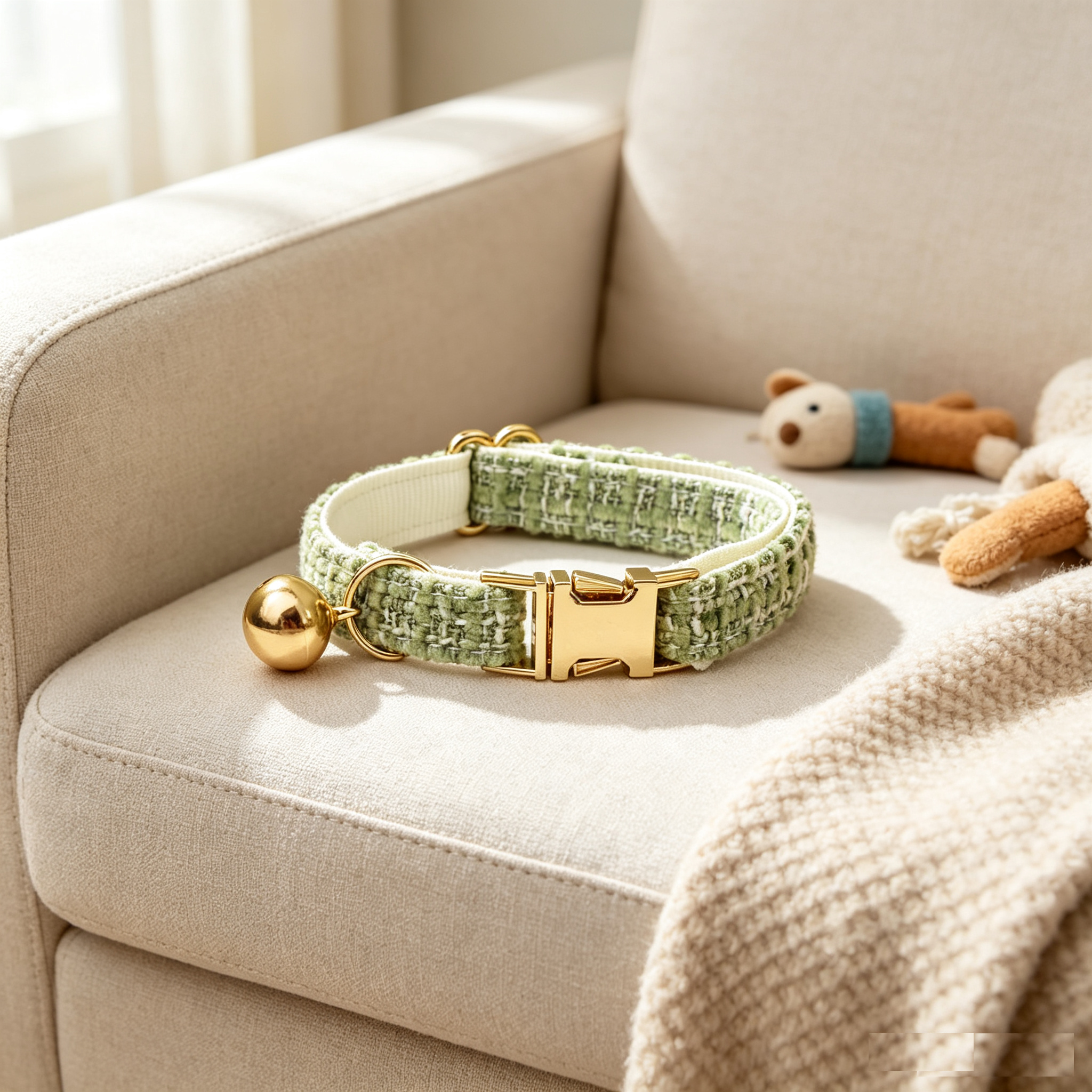 S Size Green Chic Tweed Pet Collar - Polyester with Gold Bell and Adjustable view 4
