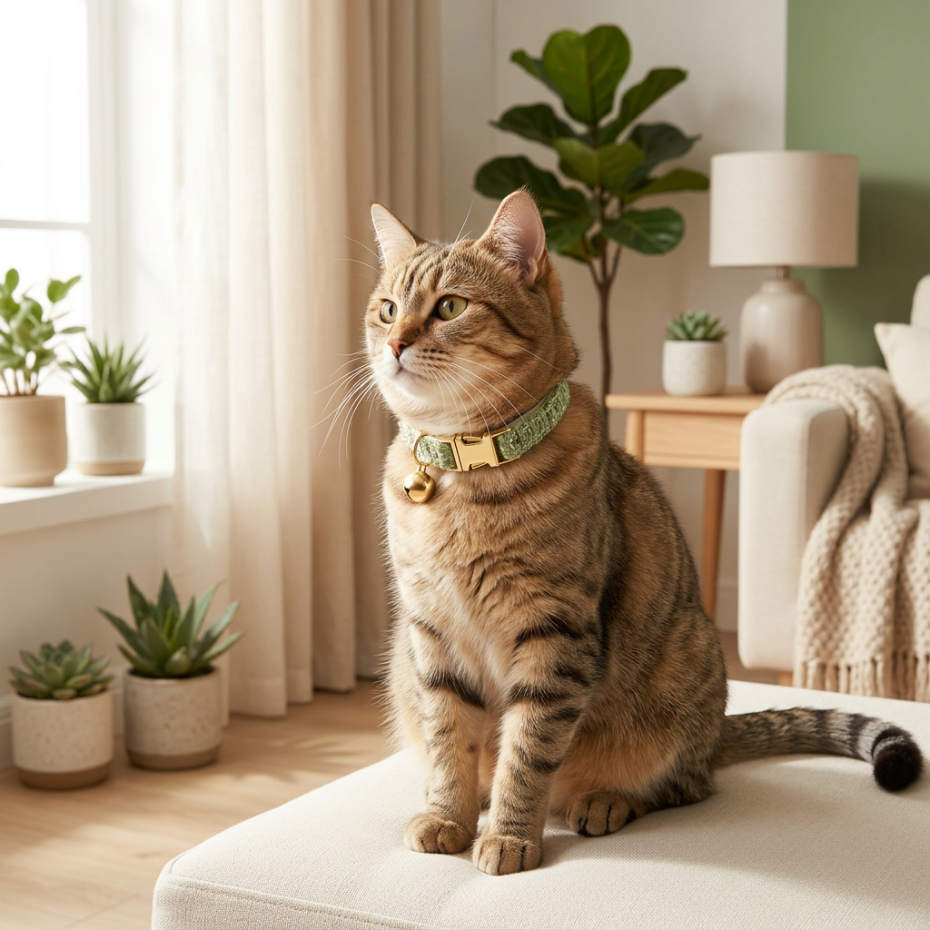 S Size Green Chic Tweed Pet Collar - Polyester with Gold Bell and Adjustable view 5