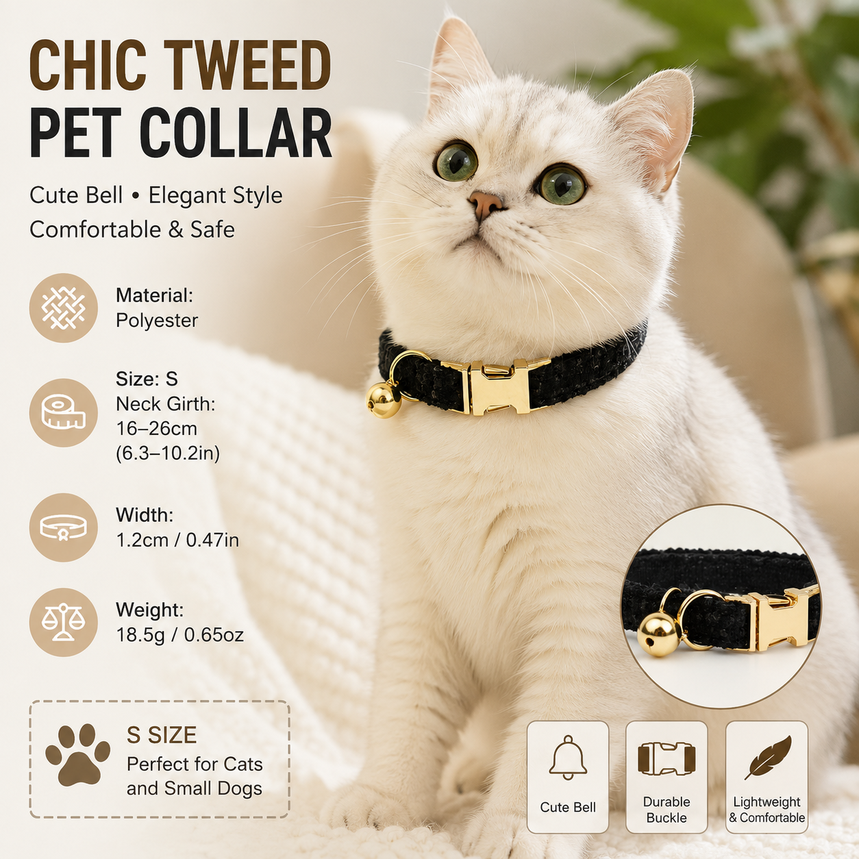 S Size Black Chic Tweed Pet Collar - Polyester with Gold Bell and Adjustable view 2