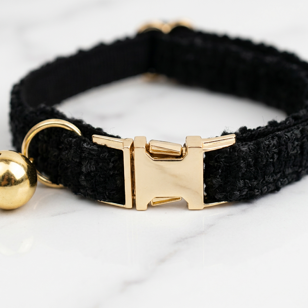 S Size Black Chic Tweed Pet Collar - Polyester with Gold Bell and Adjustable view 3