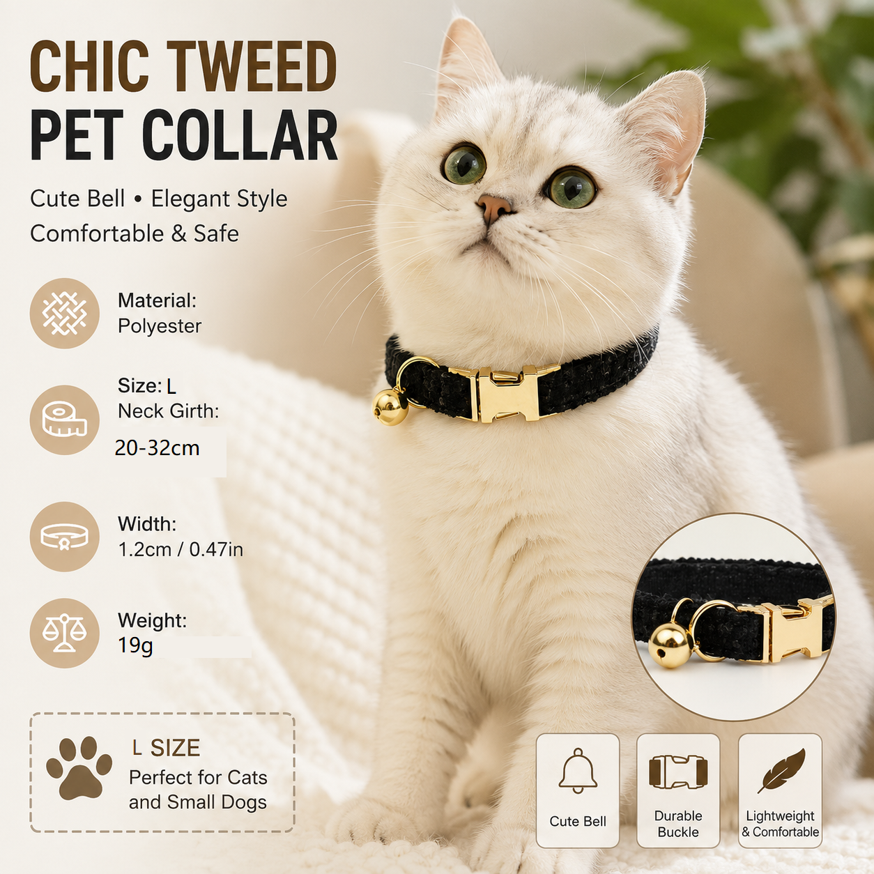 L Size Black Chic Tweed Pet Collar - Polyester with Gold Bell and Adjustable view 2